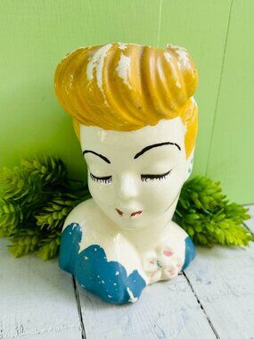 Vintage Lady Head Vase Blonde Girl Bust Planter Shabby Chic Vanity Decor